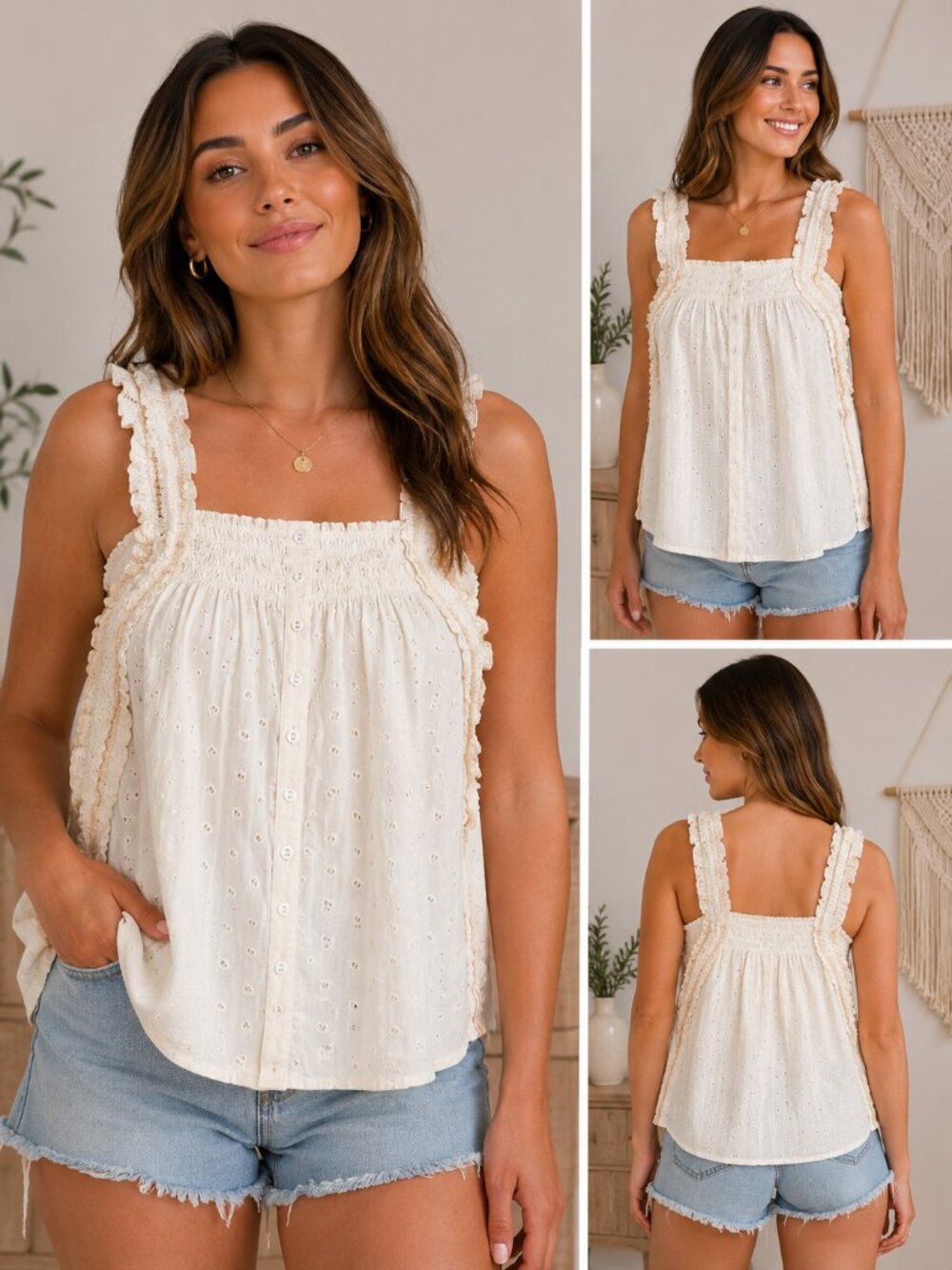 Jennifer & Grace White Cotton Eyelet Ruffle Boho Tank Top Medium